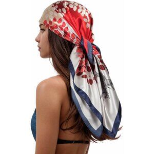 Women's Red/Beige Head Scarf Like Silk Printed Square Hair Bandanas 35 Inches